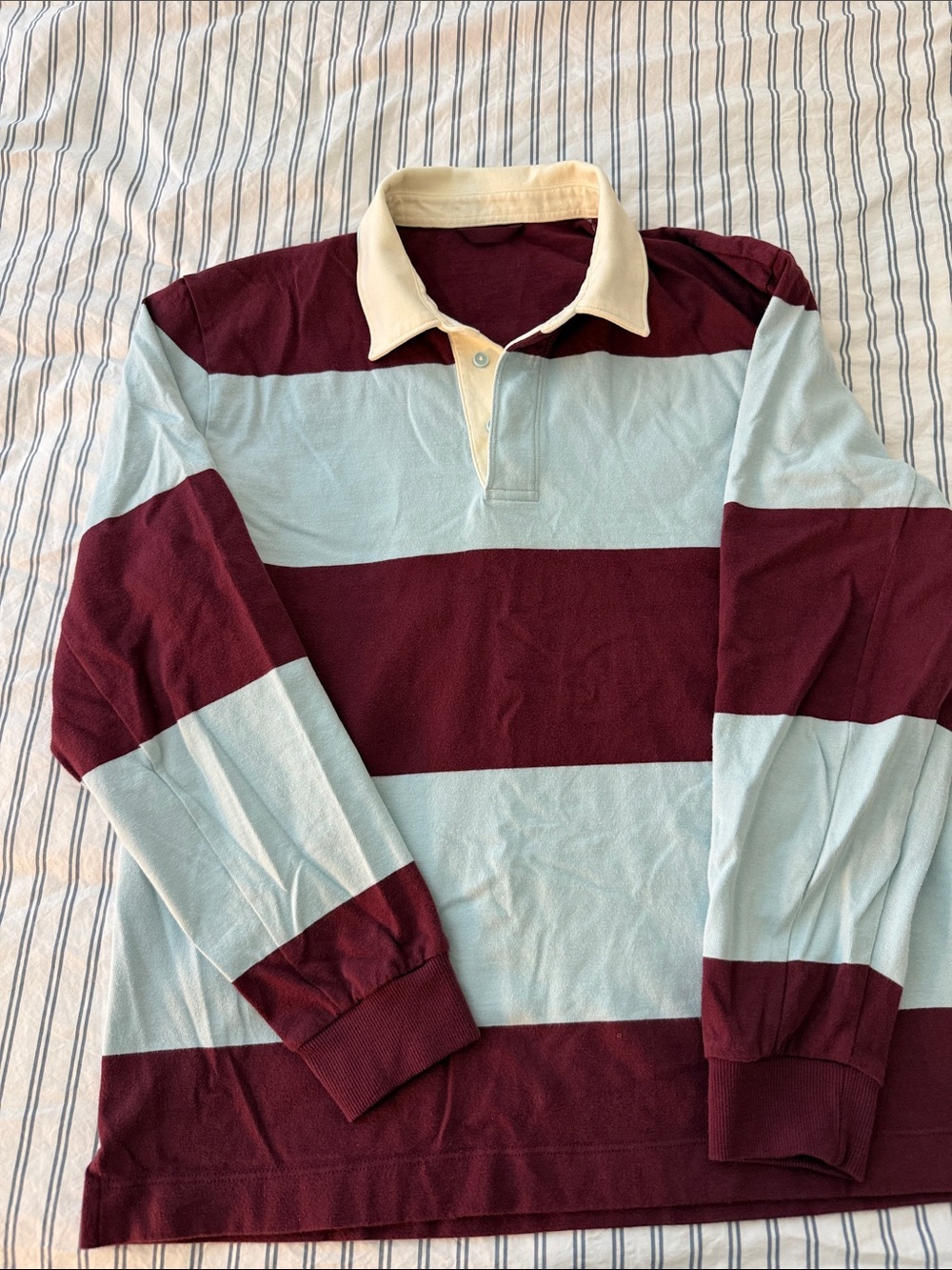 Lululemon Long-Sleeve Rugby Shirt in Burgundy and Light Blue with Cream Collar